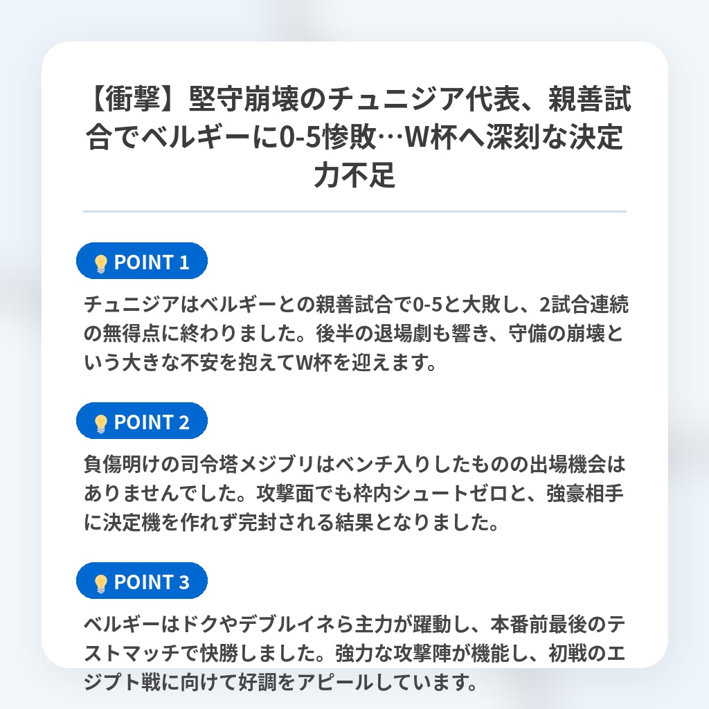 【衝撃】堅守崩壊のチュニジア代表、親善試合でベルギーに0-5惨敗…W杯へ深刻な決定力不足の注目ポイントまとめ