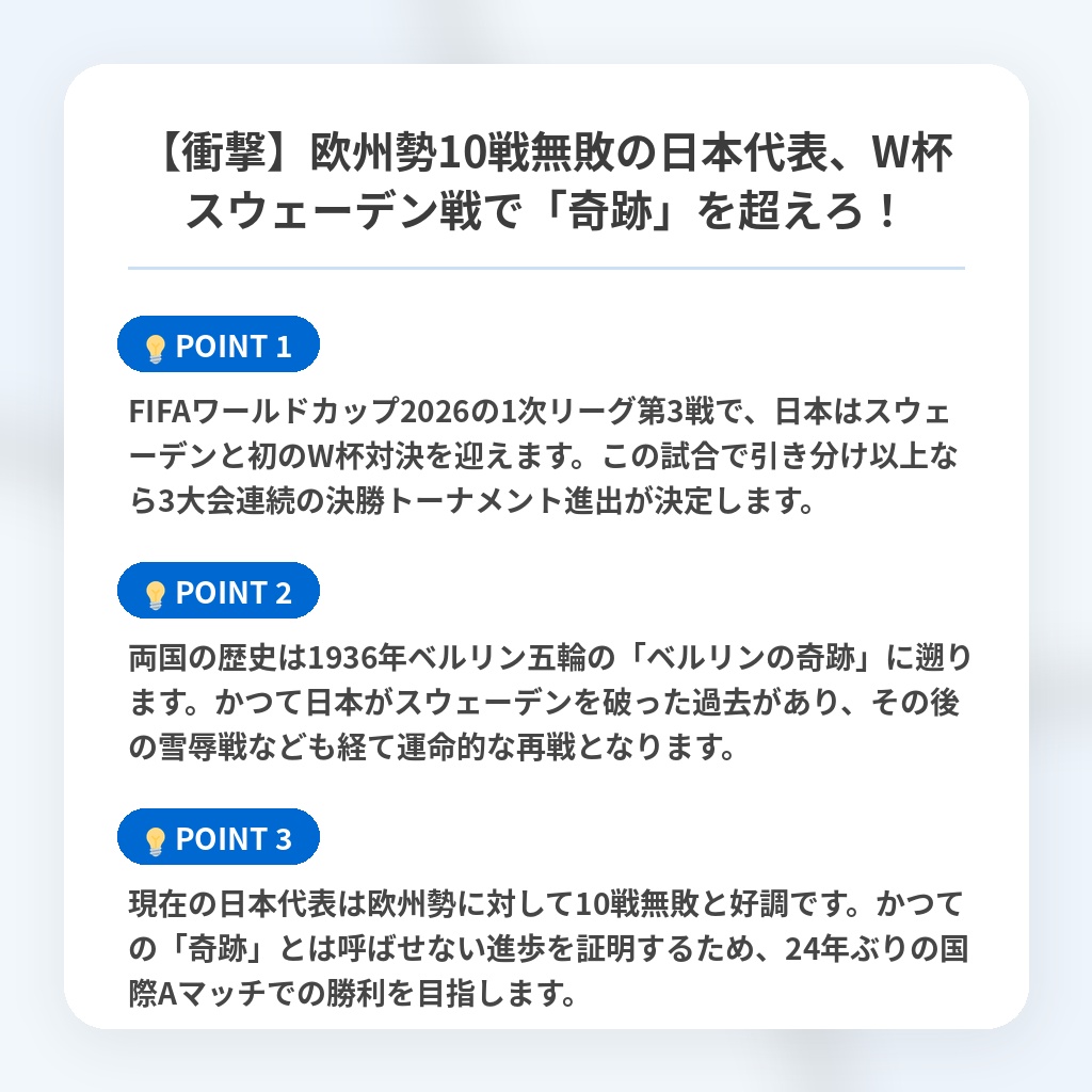 【衝撃】欧州勢10戦無敗の日本代表、W杯スウェーデン戦で「奇跡」を超えろ！の注目ポイントまとめ