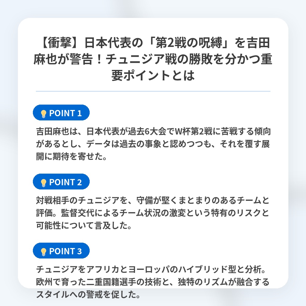 【衝撃】日本代表の「第2戦の呪縛」を吉田麻也が警告!チュニジア戦の勝敗を分かつ重要ポイントとはの注目ポイントまとめ
