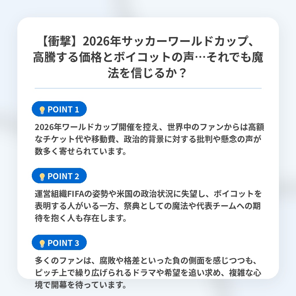 【衝撃】2026年サッカーワールドカップ、高騰する価格とボイコットの声…それでも魔法を信じるか？の注目ポイントまとめ