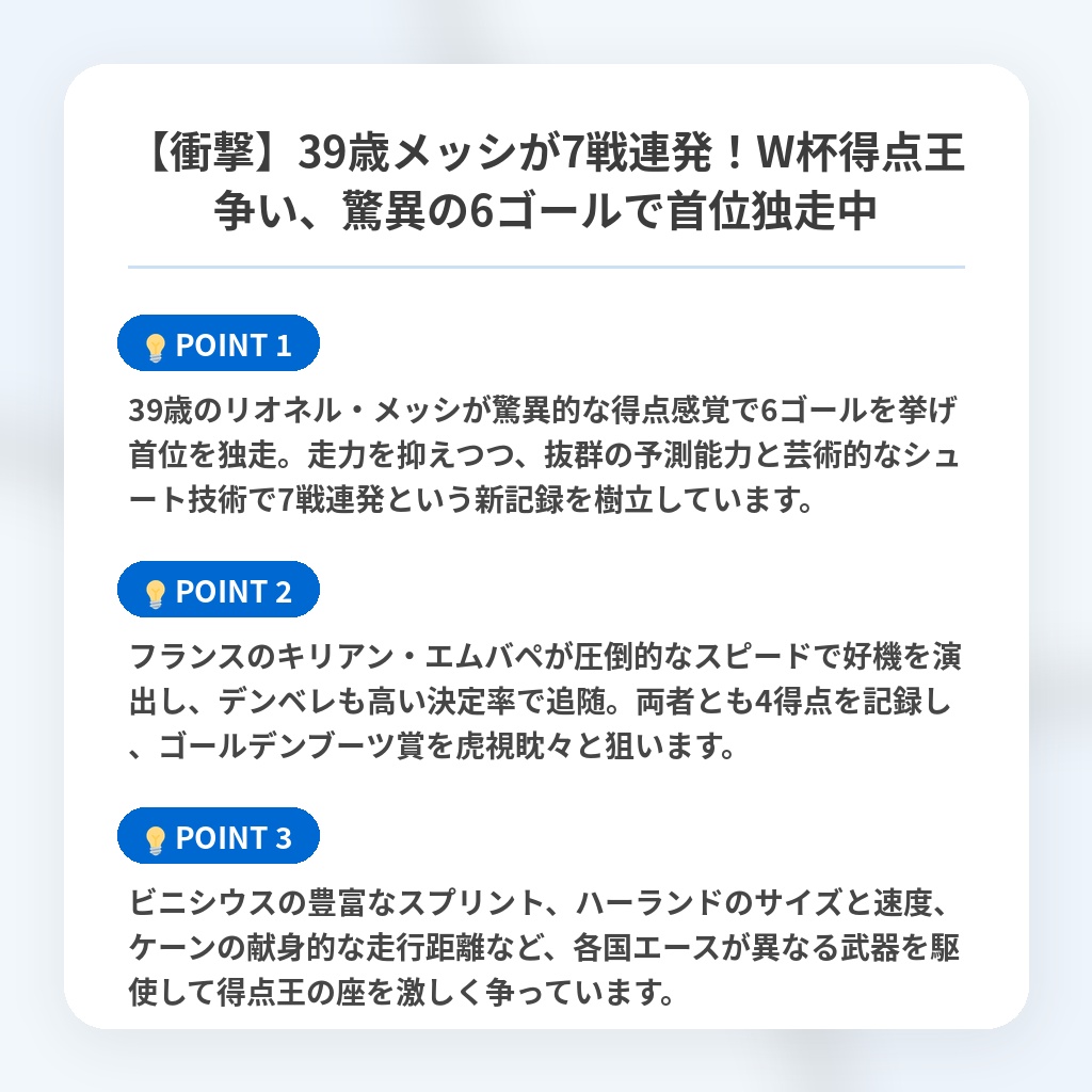 【衝撃】39歳メッシが7戦連発!W杯得点王争い、驚異の6ゴールで首位独走中の注目ポイントまとめ