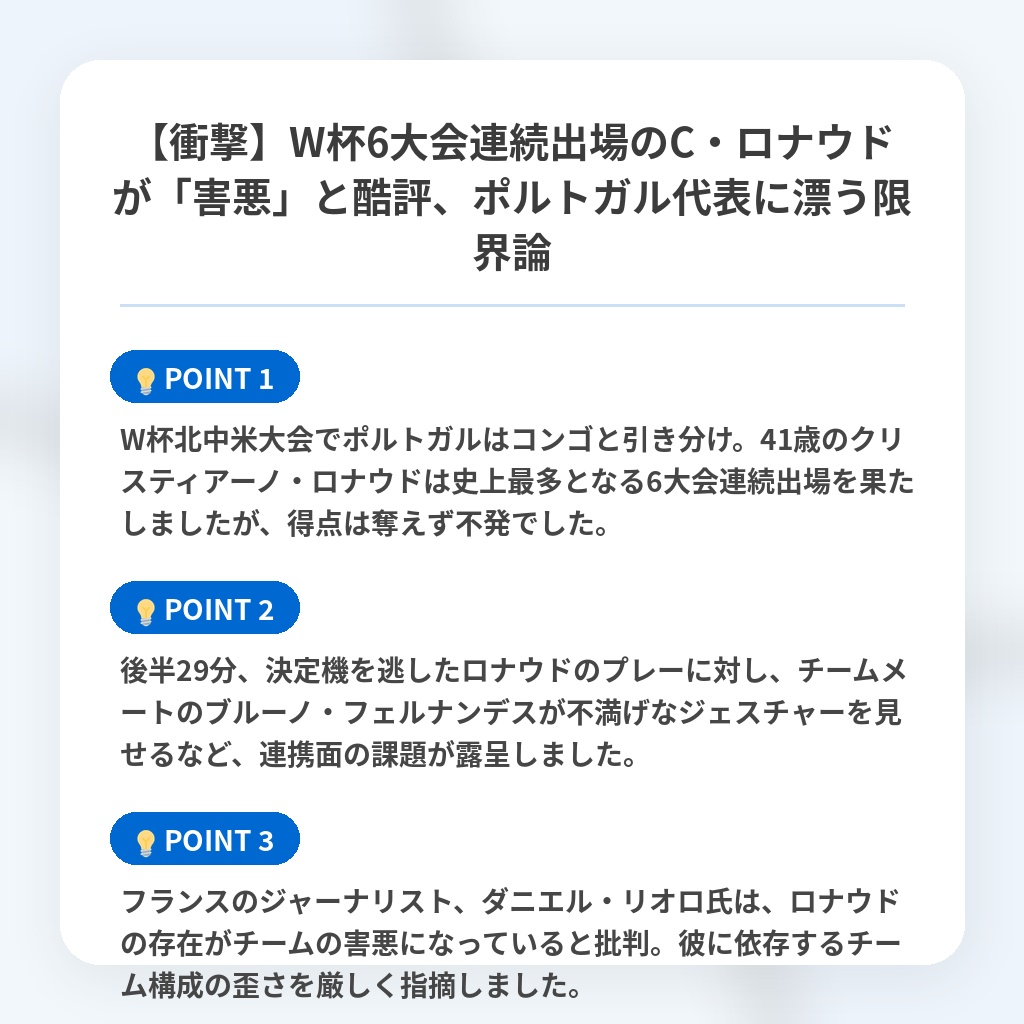 【衝撃】W杯6大会連続出場のC・ロナウドが「害悪」と酷評、ポルトガル代表に漂う限界論の注目ポイントまとめ