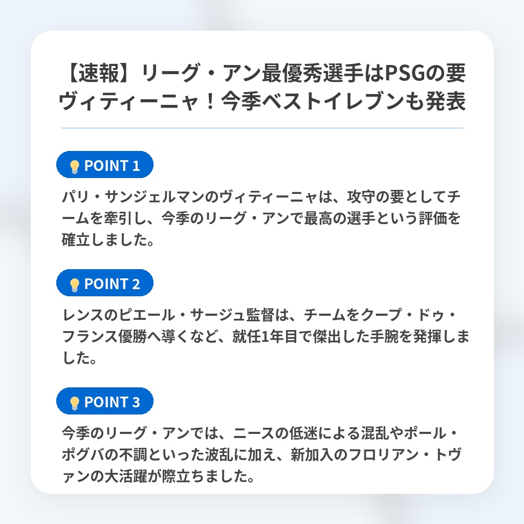 【速報】リーグ・アン最優秀選手はPSGの要ヴィティーニャ!今季ベストイレブンも発表の注目ポイントまとめ