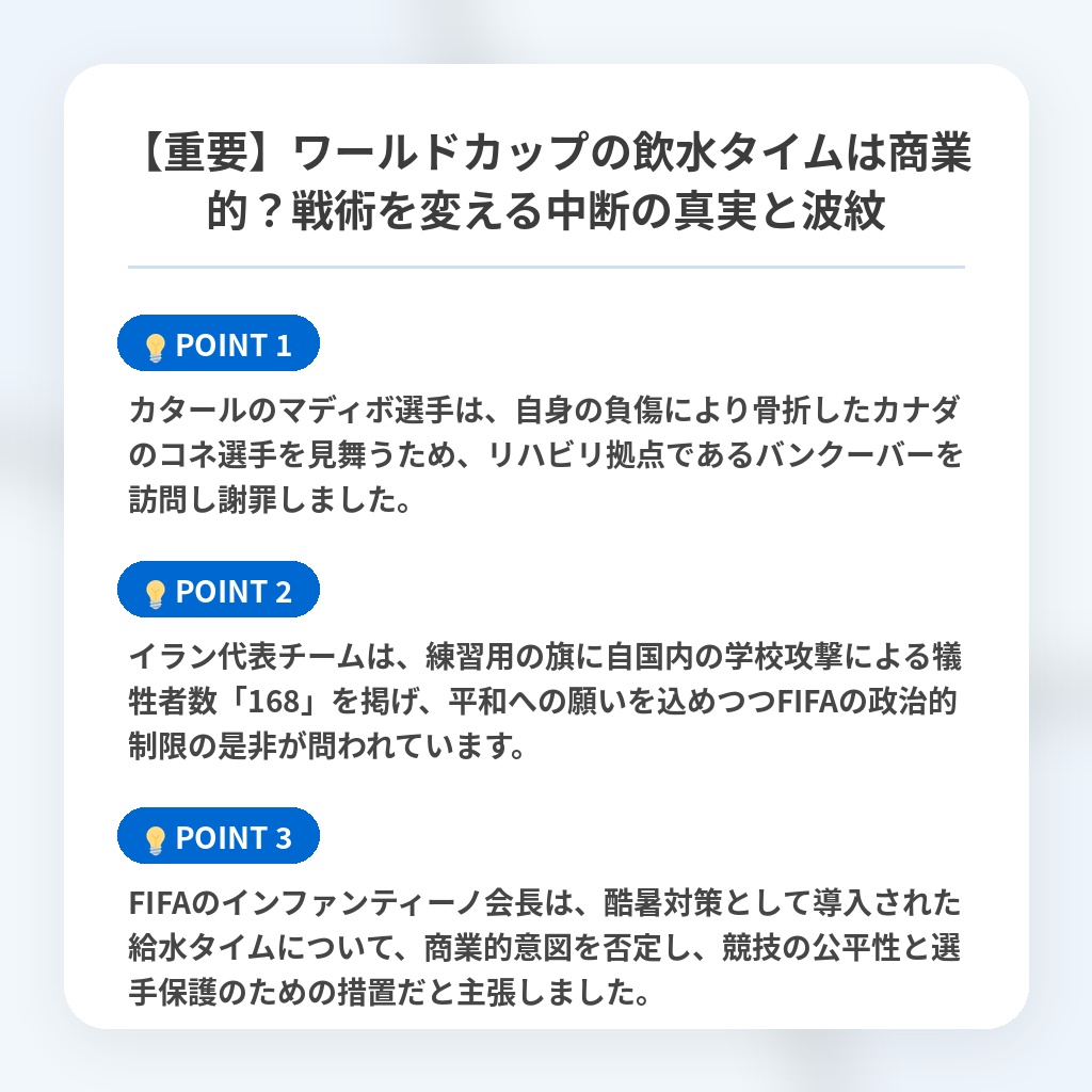 【重要】ワールドカップの飲水タイムは商業的?戦術を変える中断の真実と波紋の注目ポイントまとめ