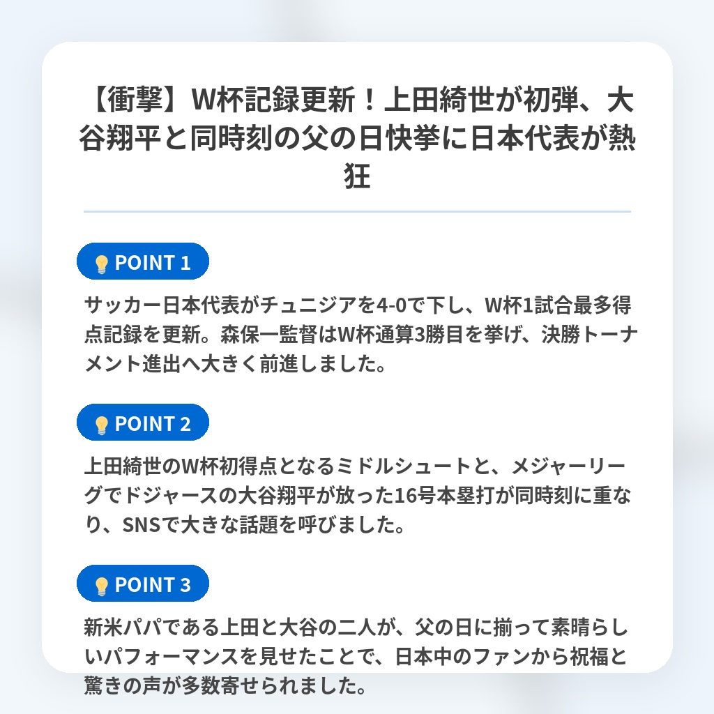 【衝撃】W杯記録更新!上田綺世が初弾、大谷翔平と同時刻の父の日快挙に日本代表が熱狂の注目ポイントまとめ