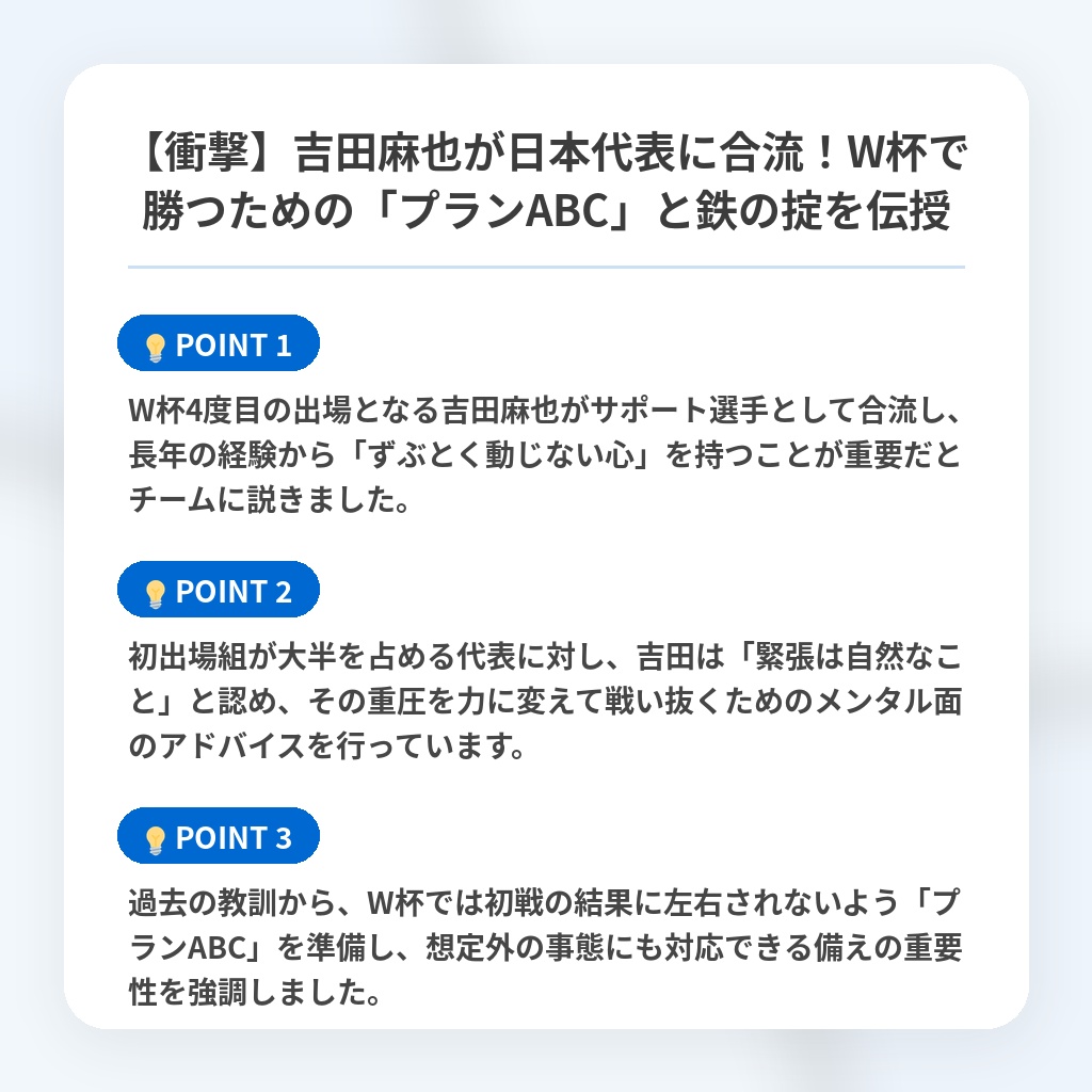 【衝撃】吉田麻也が日本代表に合流!W杯で勝つための「プランABC」と鉄の掟を伝授の注目ポイントまとめ