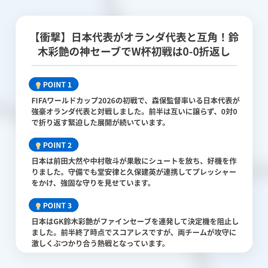 【衝撃】日本代表がオランダ代表と互角!鈴木彩艶の神セーブでW杯初戦は0-0折返しの注目ポイントまとめ