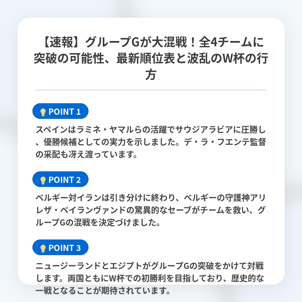 【速報】グループGが大混戦!全4チームに突破の可能性、最新順位表と波乱のW杯の行方の注目ポイントまとめ