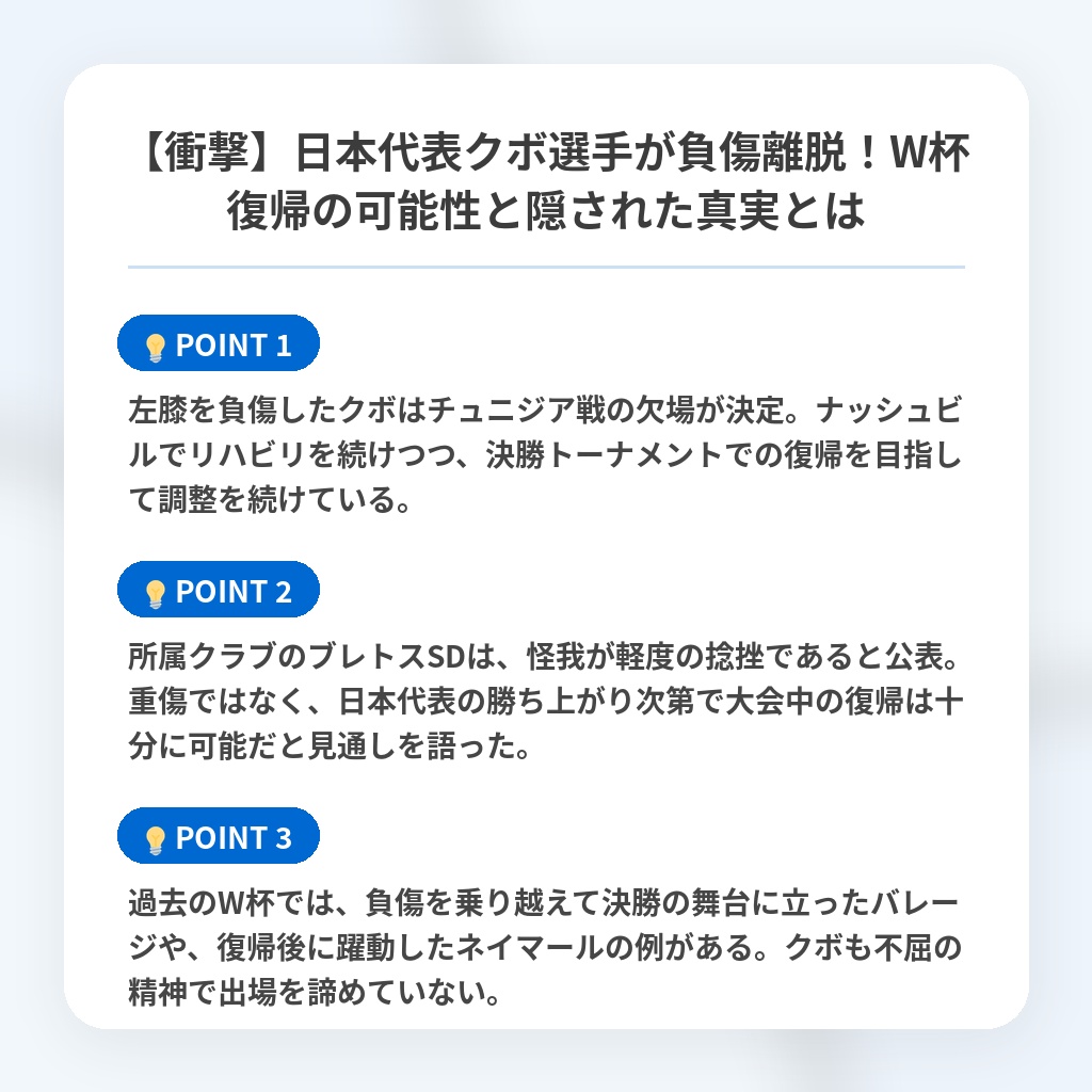 【衝撃】日本代表クボ選手が負傷離脱!W杯復帰の可能性と隠された真実とはの注目ポイントまとめ