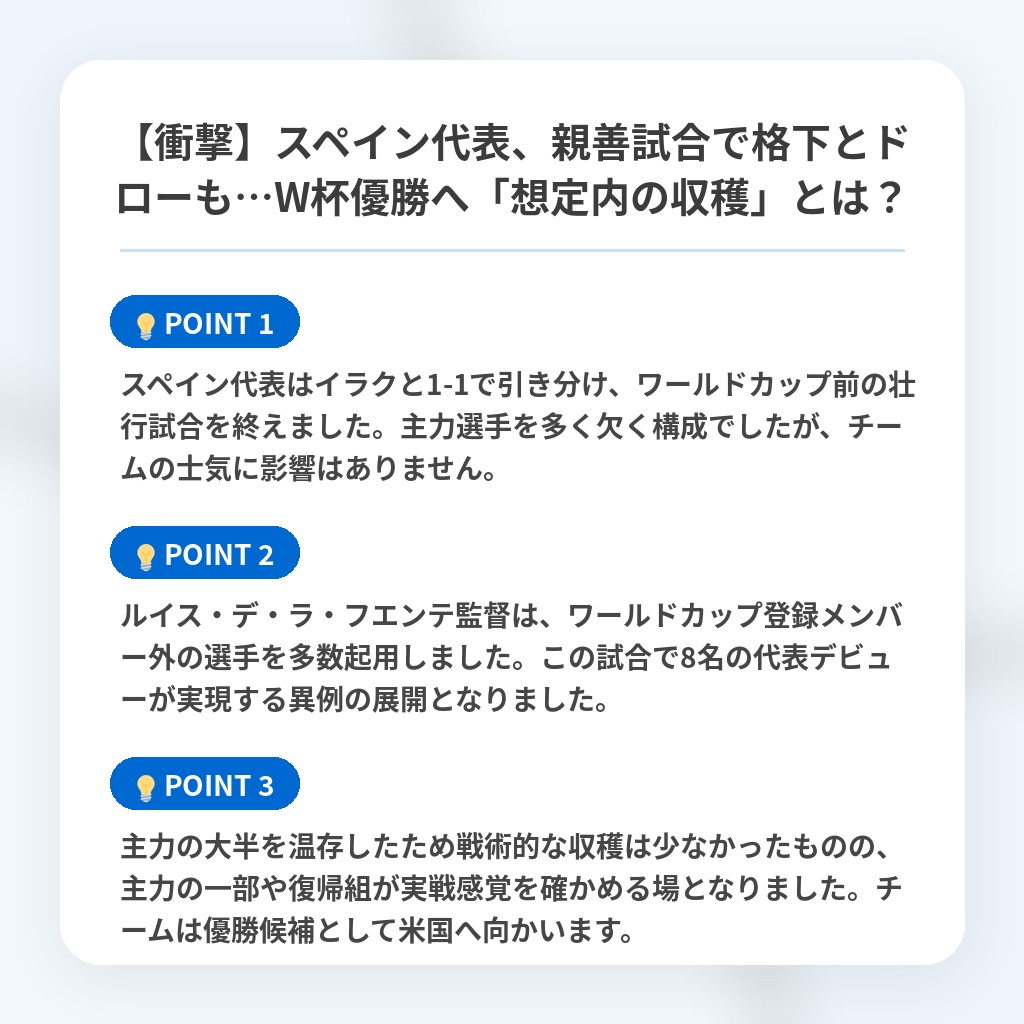 【衝撃】スペイン代表、親善試合で格下とドローも…W杯優勝へ「想定内の収穫」とは？の注目ポイントまとめ