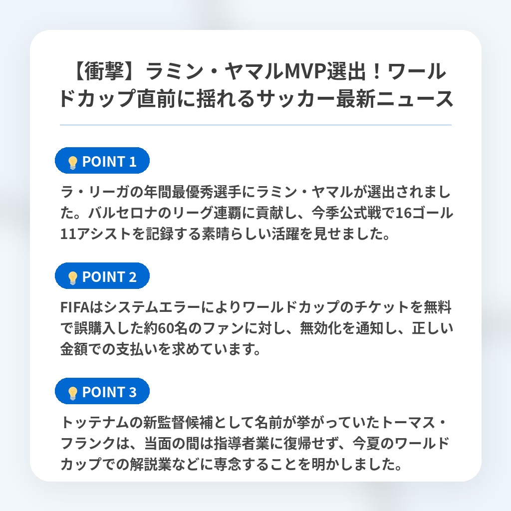 【衝撃】ラミン・ヤマルMVP選出！ワールドカップ直前に揺れるサッカー最新ニュースの注目ポイントまとめ