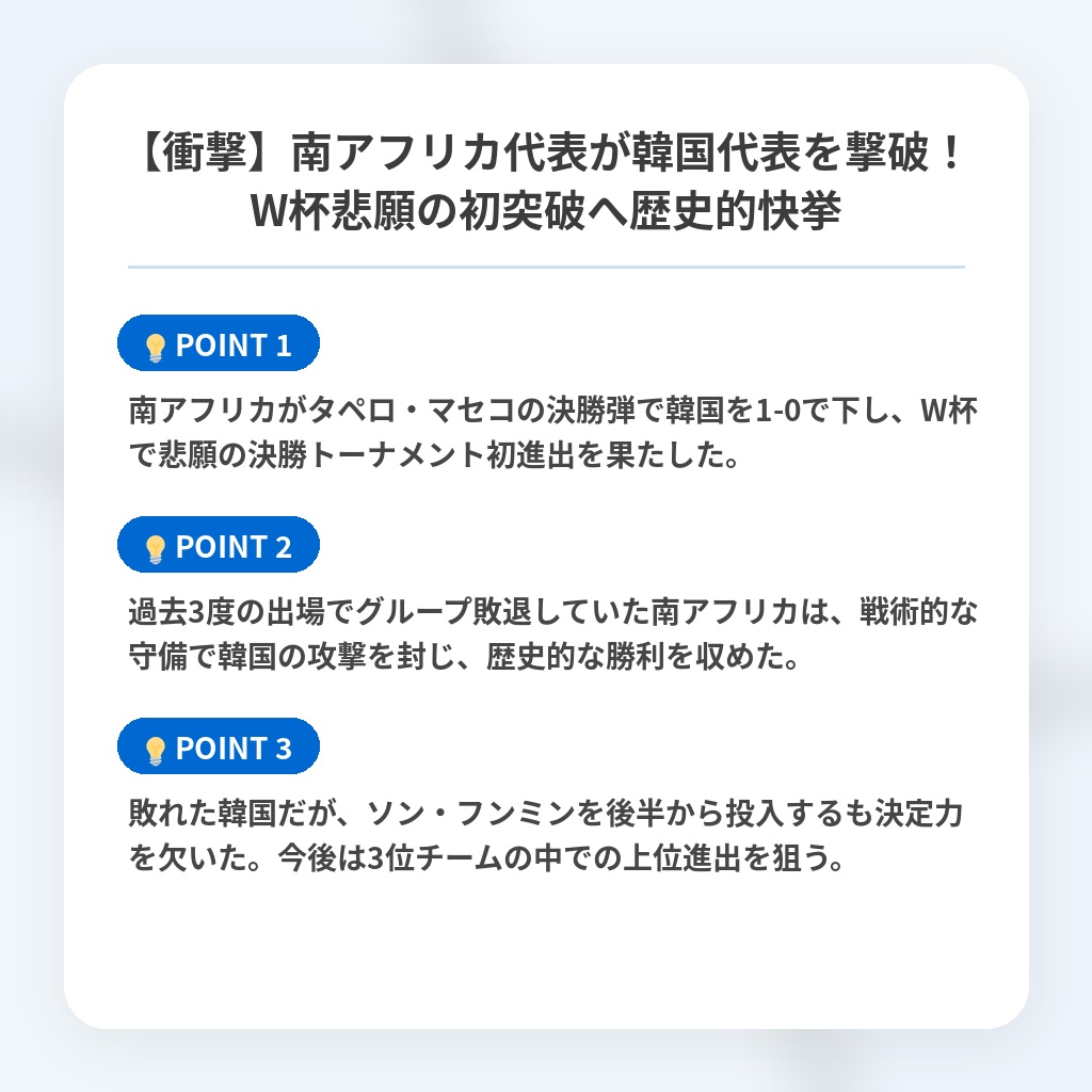 【衝撃】南アフリカ代表が韓国代表を撃破！W杯悲願の初突破へ歴史的快挙の注目ポイントまとめ
