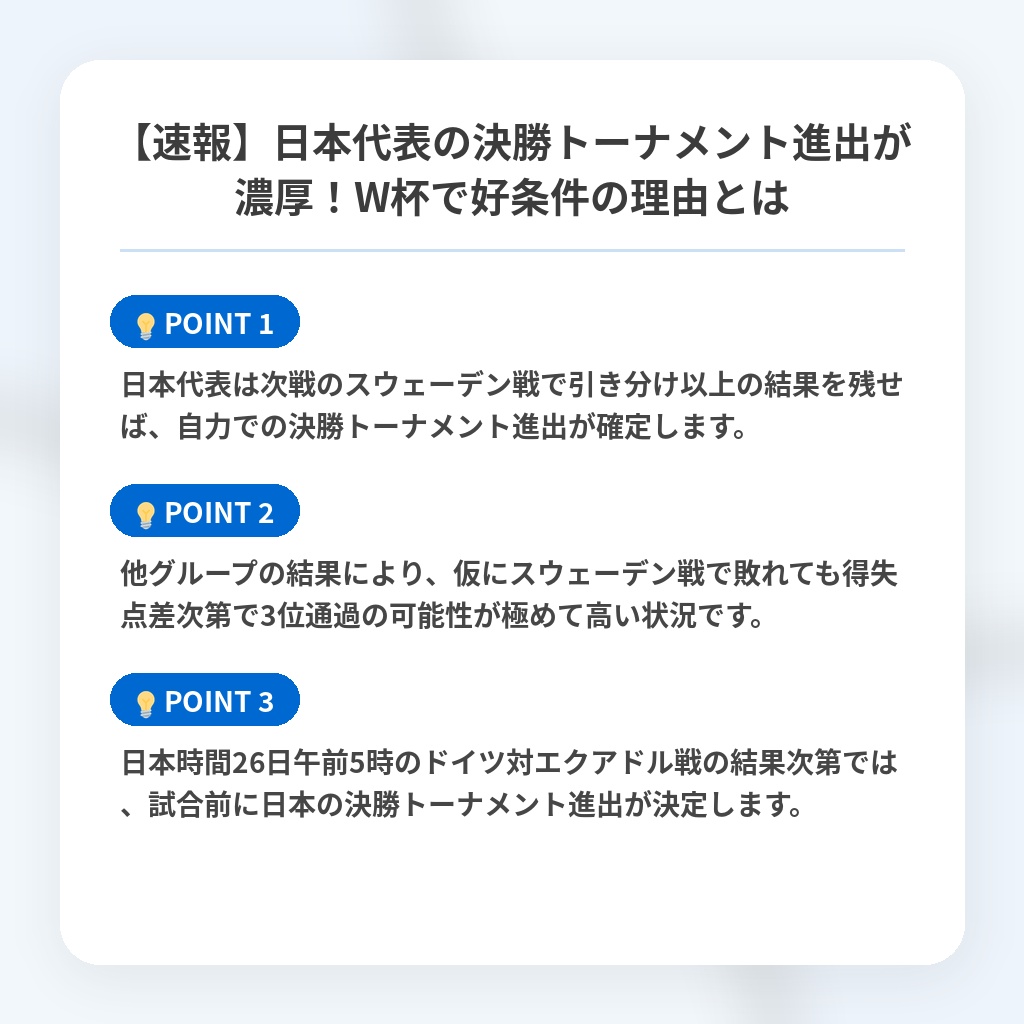 【速報】日本代表の決勝トーナメント進出が濃厚！W杯で好条件の理由とはの注目ポイントまとめ