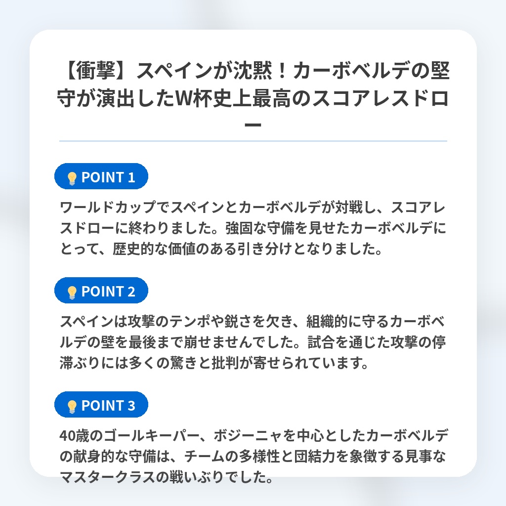 【衝撃】スペインが沈黙！カーボベルデの堅守が演出したW杯史上最高のスコアレスドローの注目ポイントまとめ
