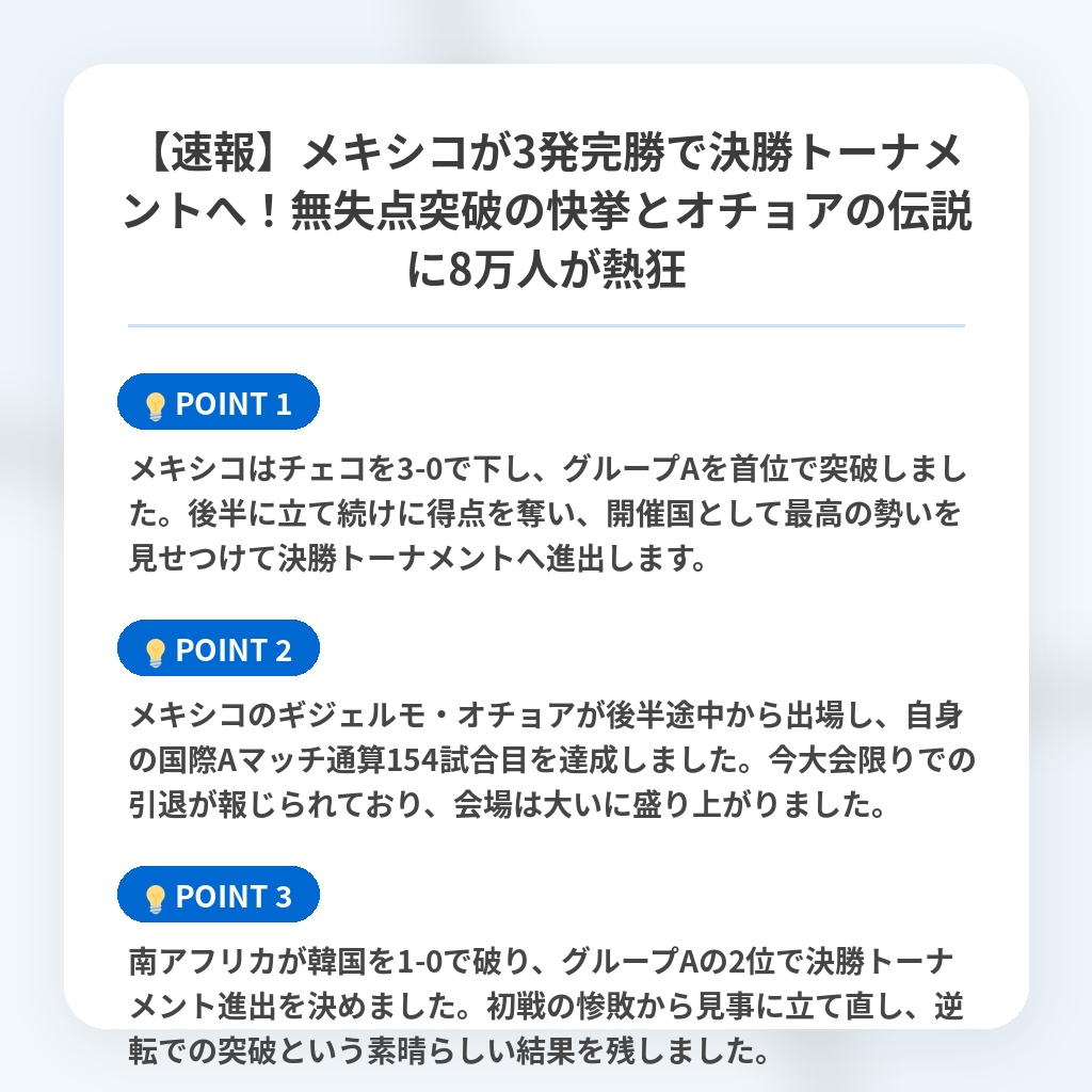 【速報】メキシコが3発完勝で決勝トーナメントへ！無失点突破の快挙とオチョアの伝説に8万人が熱狂の注目ポイントまとめ