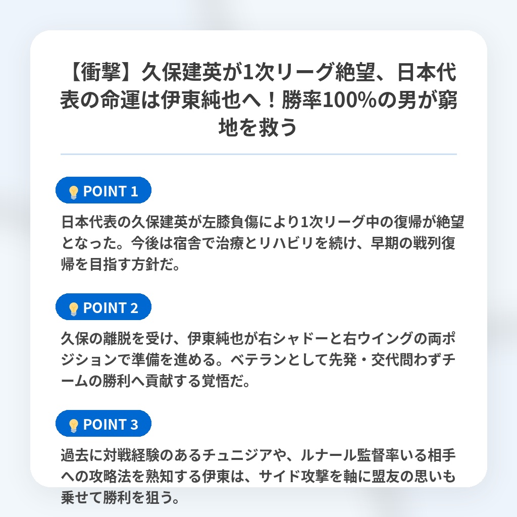 【衝撃】久保建英が1次リーグ絶望、日本代表の命運は伊東純也へ！勝率100%の男が窮地を救うの注目ポイントまとめ
