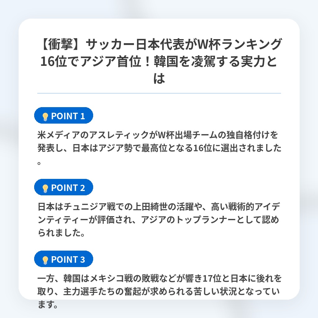 【衝撃】サッカー日本代表がW杯ランキング16位でアジア首位!韓国を凌駕する実力とはの注目ポイントまとめ