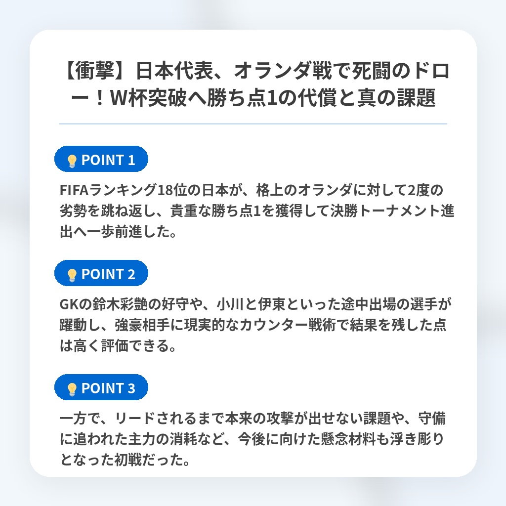 【衝撃】日本代表、オランダ戦で死闘のドロー!W杯突破へ勝ち点1の代償と真の課題の注目ポイントまとめ