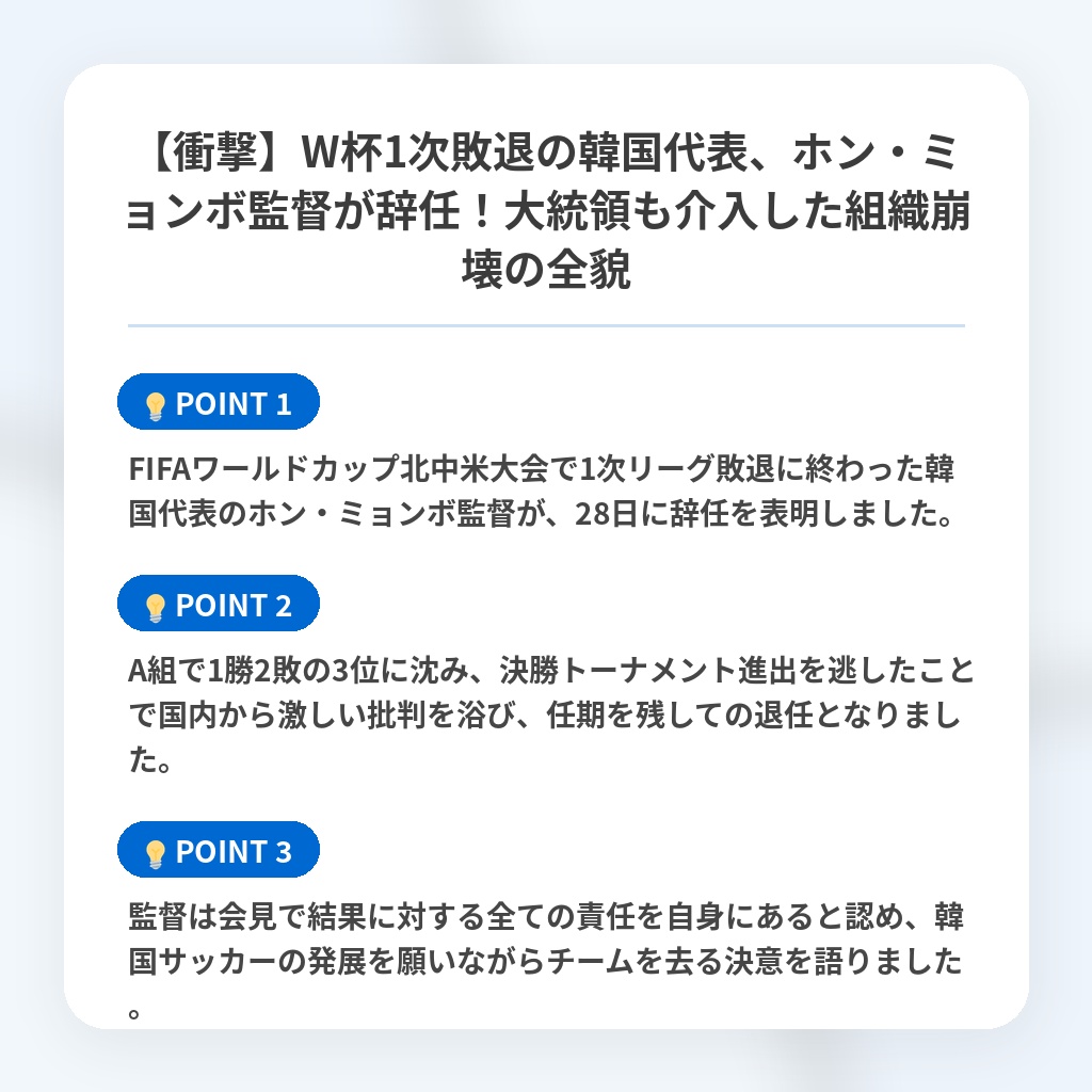 【衝撃】W杯1次敗退の韓国代表、ホン・ミョンボ監督が辞任！大統領も介入した組織崩壊の全貌の注目ポイントまとめ