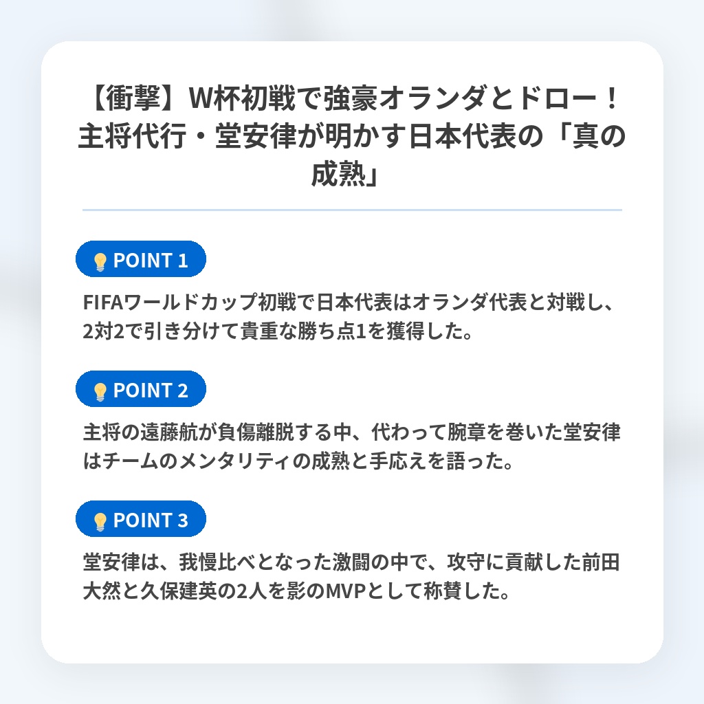 【衝撃】W杯初戦で強豪オランダとドロー！主将代行・堂安律が明かす日本代表の「真の成熟」の注目ポイントまとめ