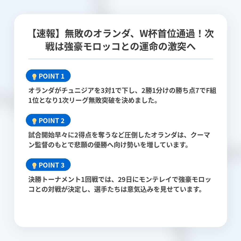 【速報】無敗のオランダ、W杯首位通過！次戦は強豪モロッコとの運命の激突への注目ポイントまとめ