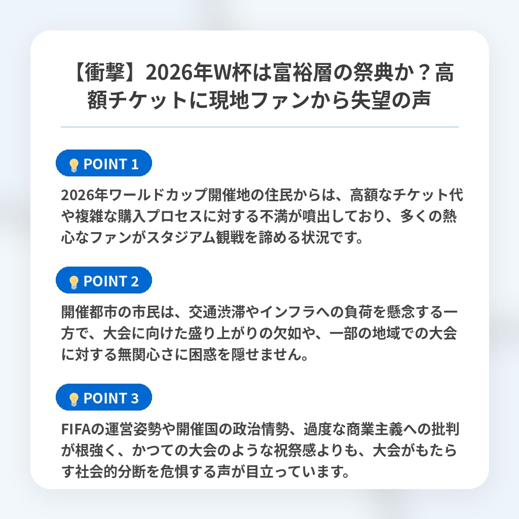 【衝撃】2026年W杯は富裕層の祭典か？高額チケットに現地ファンから失望の声の注目ポイントまとめ