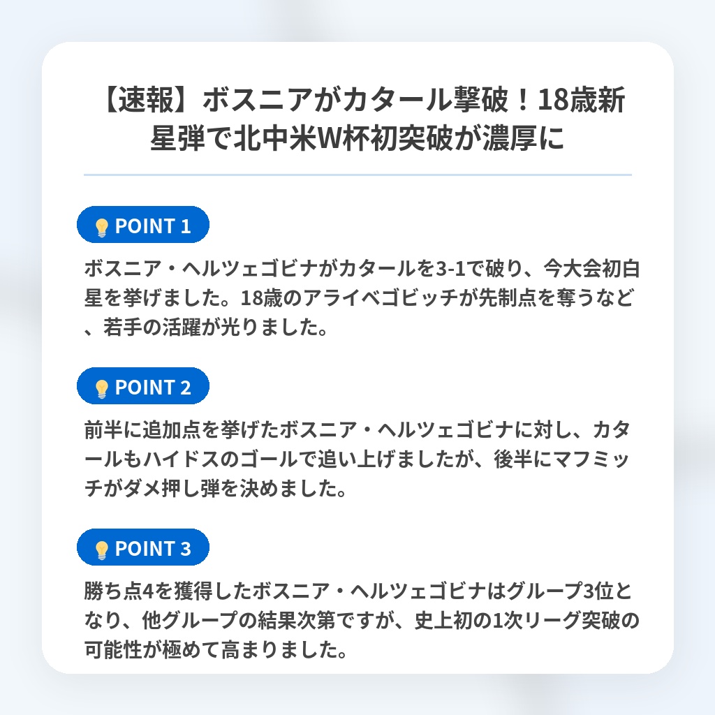 【速報】ボスニアがカタール撃破！18歳新星弾で北中米W杯初突破が濃厚にの注目ポイントまとめ