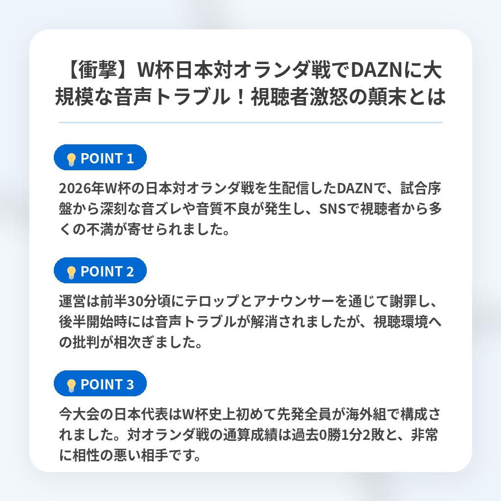 【衝撃】W杯日本対オランダ戦でDAZNに大規模な音声トラブル!視聴者激怒の顛末とはの注目ポイントまとめ