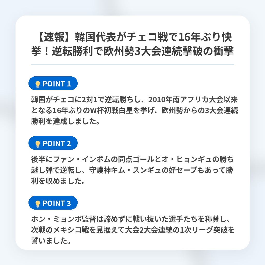 【速報】韓国代表がチェコ戦で16年ぶり快挙!逆転勝利で欧州勢3大会連続撃破の衝撃の注目ポイントまとめ