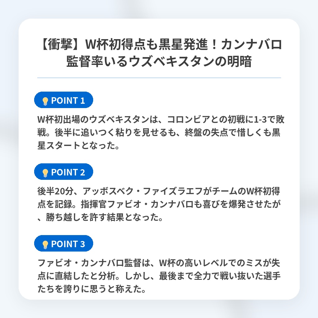 【衝撃】W杯初得点も黒星発進!カンナバロ監督率いるウズベキスタンの明暗の注目ポイントまとめ