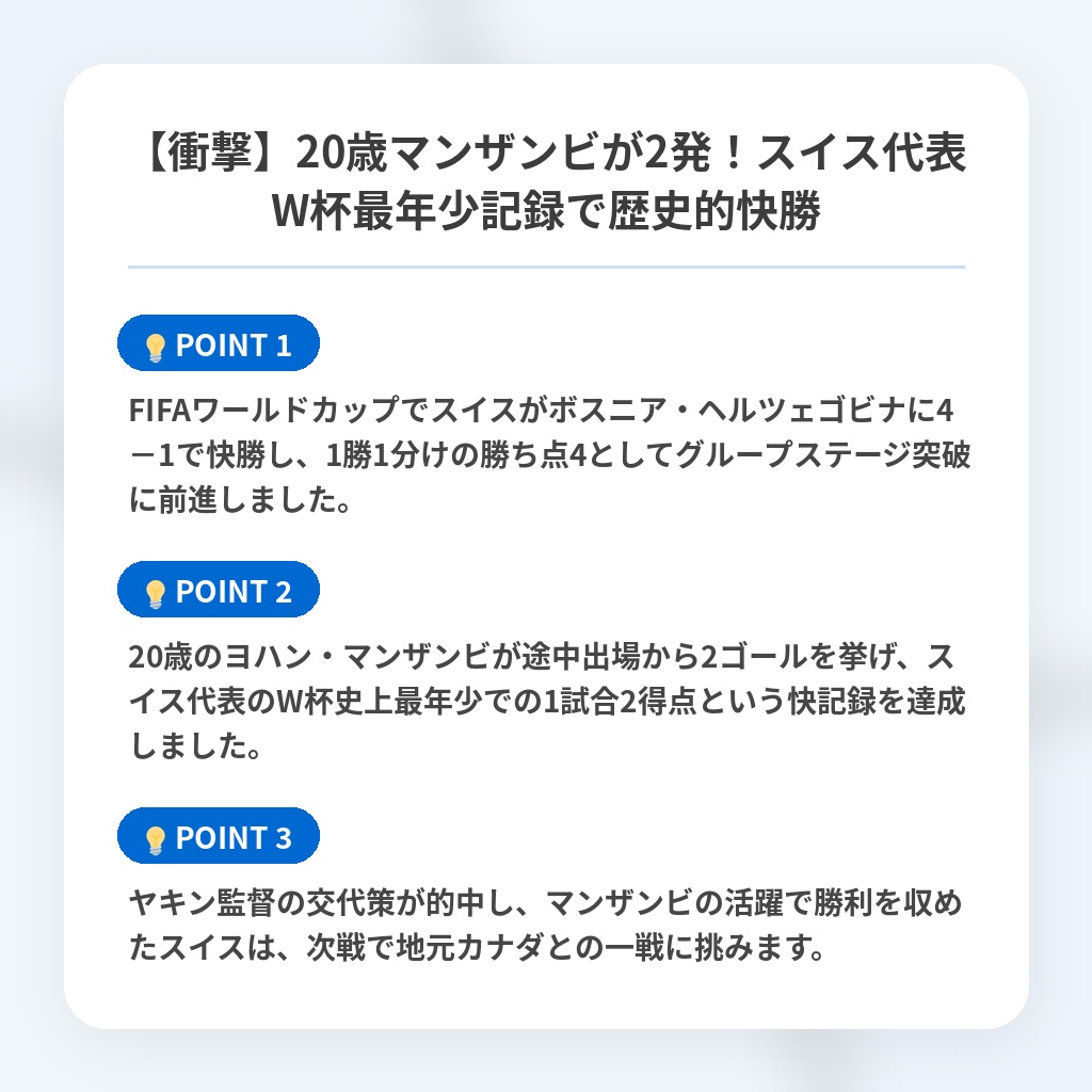 【衝撃】20歳マンザンビが2発！スイス代表W杯最年少記録で歴史的快勝の注目ポイントまとめ