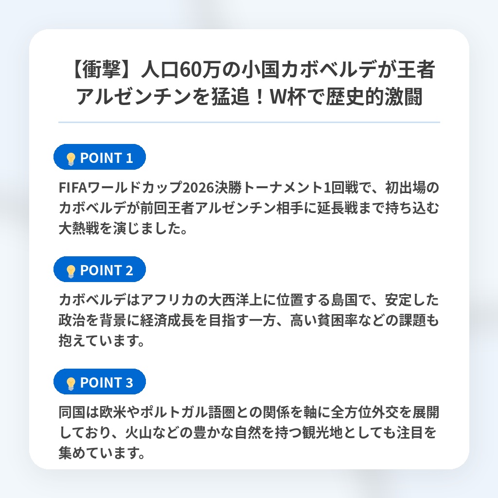 【衝撃】人口60万の小国カボベルデが王者アルゼンチンを猛追！W杯で歴史的激闘の注目ポイントまとめ