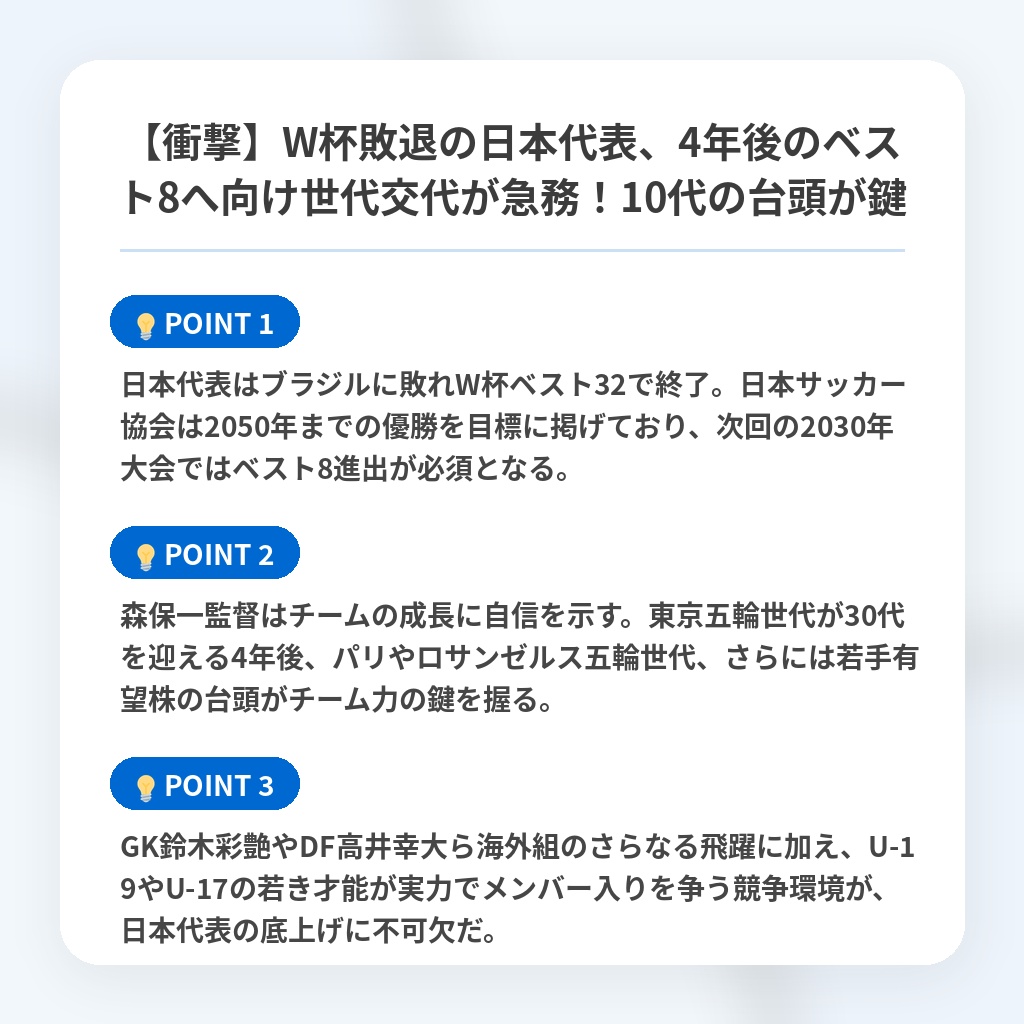 【衝撃】W杯敗退の日本代表、4年後のベスト8へ向け世代交代が急務!10代の台頭が鍵の注目ポイントまとめ