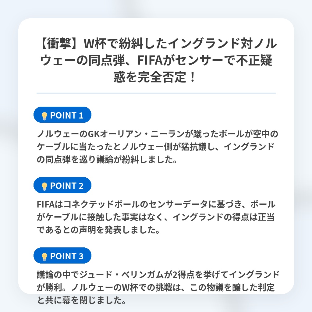 【衝撃】W杯で紛糾したイングランド対ノルウェーの同点弾、FIFAがセンサーで不正疑惑を完全否定!の注目ポイントまとめ