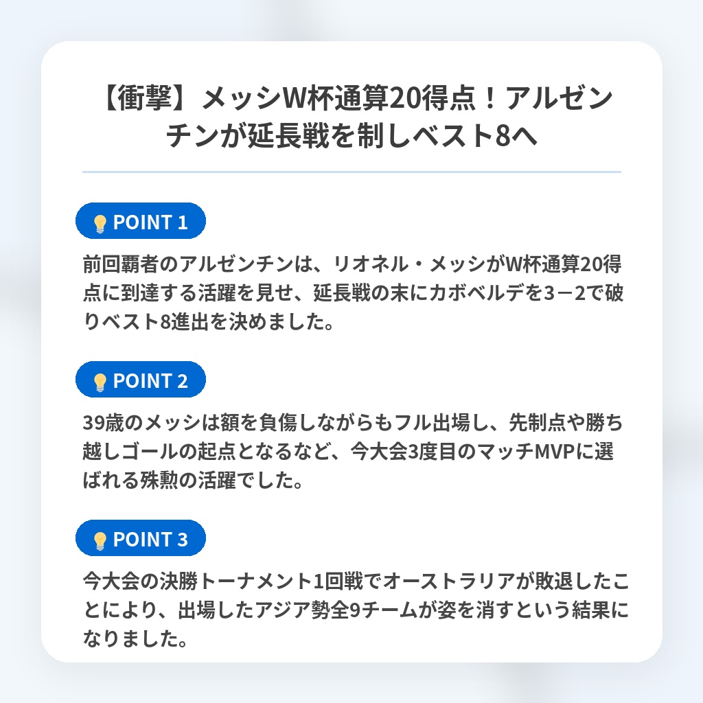【衝撃】メッシW杯通算20得点!アルゼンチンが延長戦を制しベスト8への注目ポイントまとめ