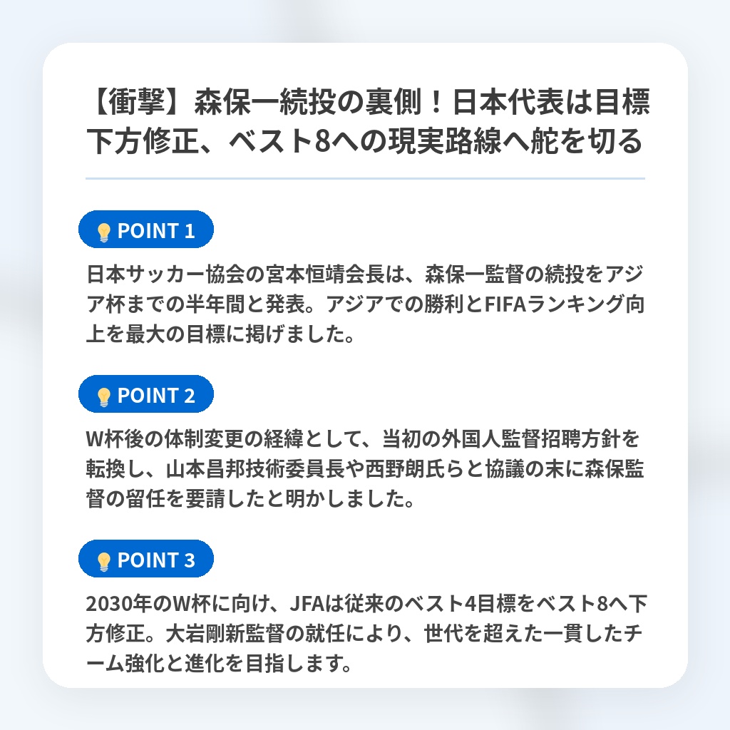【衝撃】森保一続投の裏側!日本代表は目標下方修正、ベスト8への現実路線へ舵を切るの注目ポイントまとめ