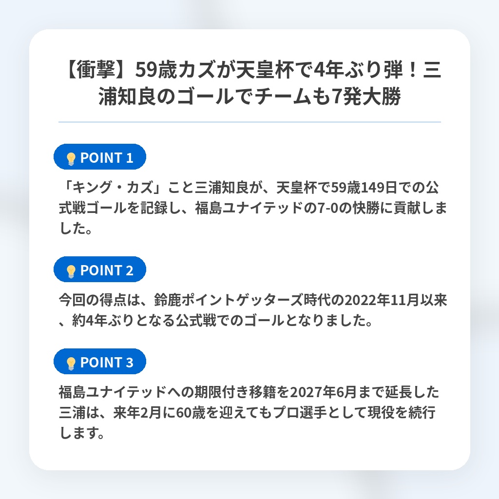 【衝撃】59歳カズが天皇杯で4年ぶり弾!三浦知良のゴールでチームも7発大勝の注目ポイントまとめ
