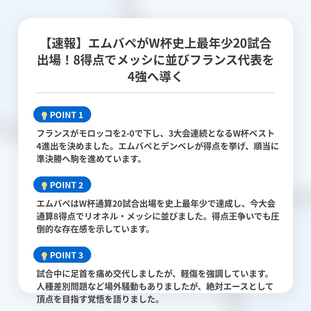 【速報】エムバペがW杯史上最年少20試合出場!8得点でメッシに並びフランス代表を4強へ導くの注目ポイントまとめ
