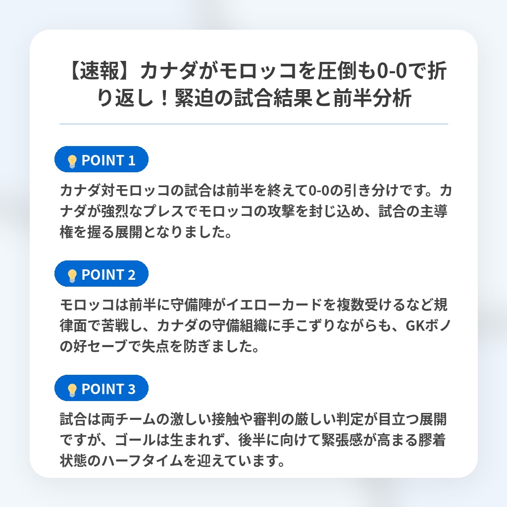 【速報】カナダがモロッコを圧倒も0-0で折り返し！緊迫の試合結果と前半分析の注目ポイントまとめ