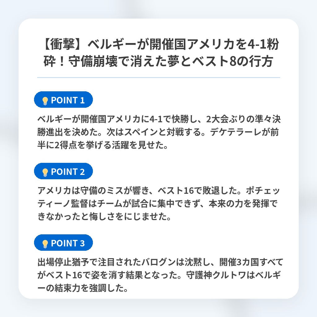 【衝撃】ベルギーが開催国アメリカを4-1粉砕！守備崩壊で消えた夢とベスト8の行方の注目ポイントまとめ