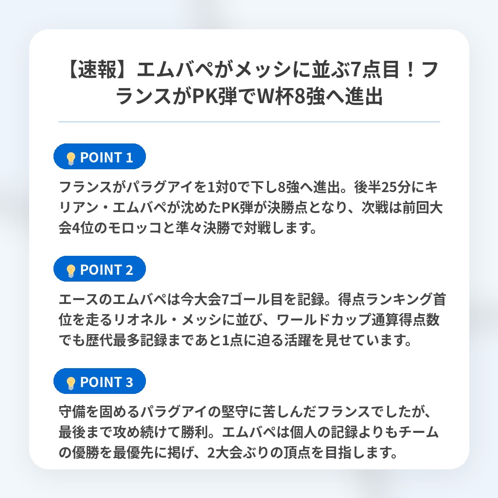 【速報】エムバペがメッシに並ぶ7点目!フランスがPK弾でW杯8強へ進出の注目ポイントまとめ