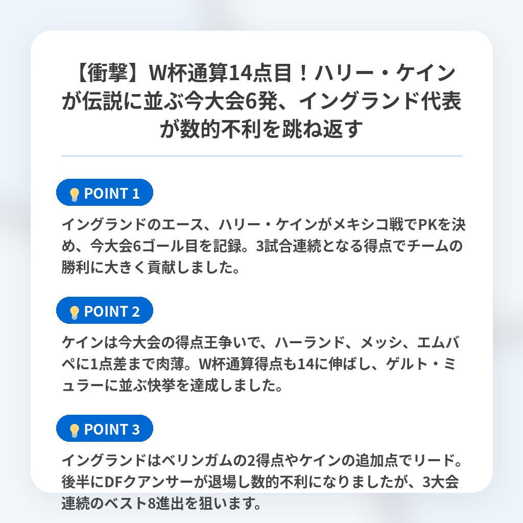 【衝撃】W杯通算14点目!ハリー・ケインが伝説に並ぶ今大会6発、イングランド代表が数的不利を跳ね返すの注目ポイントまとめ