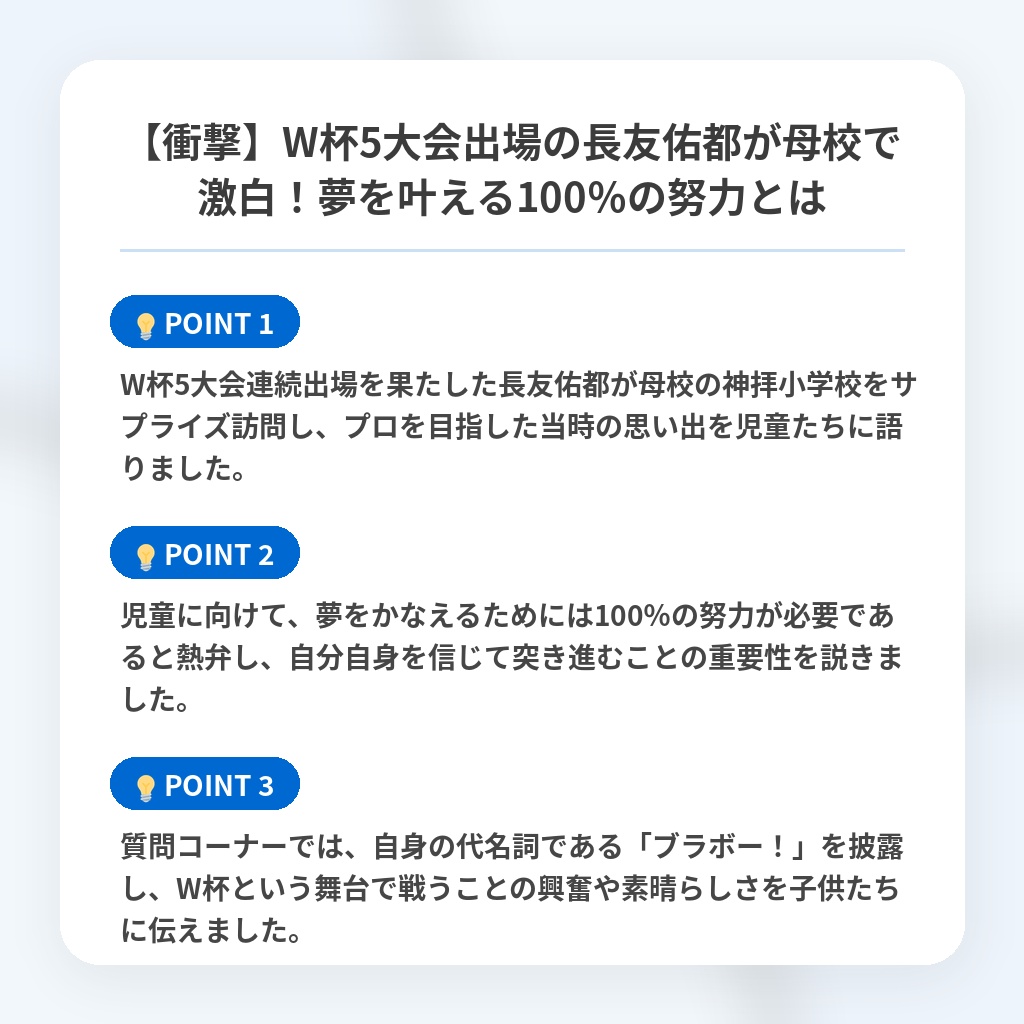 【衝撃】W杯5大会出場の長友佑都が母校で激白!夢を叶える100%の努力とはの注目ポイントまとめ