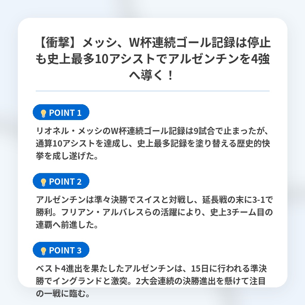 【衝撃】メッシ、W杯連続ゴール記録は停止も史上最多10アシストでアルゼンチンを4強へ導く!の注目ポイントまとめ