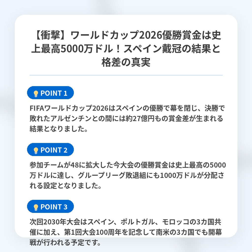 【衝撃】ワールドカップ2026優勝賞金は史上最高5000万ドル！スペイン戴冠の結果と格差の真実の注目ポイントまとめ