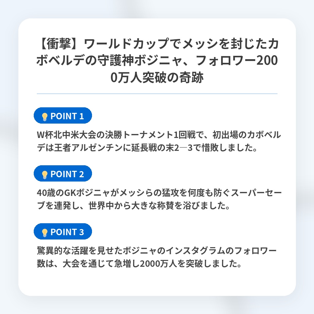 【衝撃】ワールドカップでメッシを封じたカボベルデの守護神ボジニャ、フォロワー2000万人突破の奇跡の注目ポイントまとめ