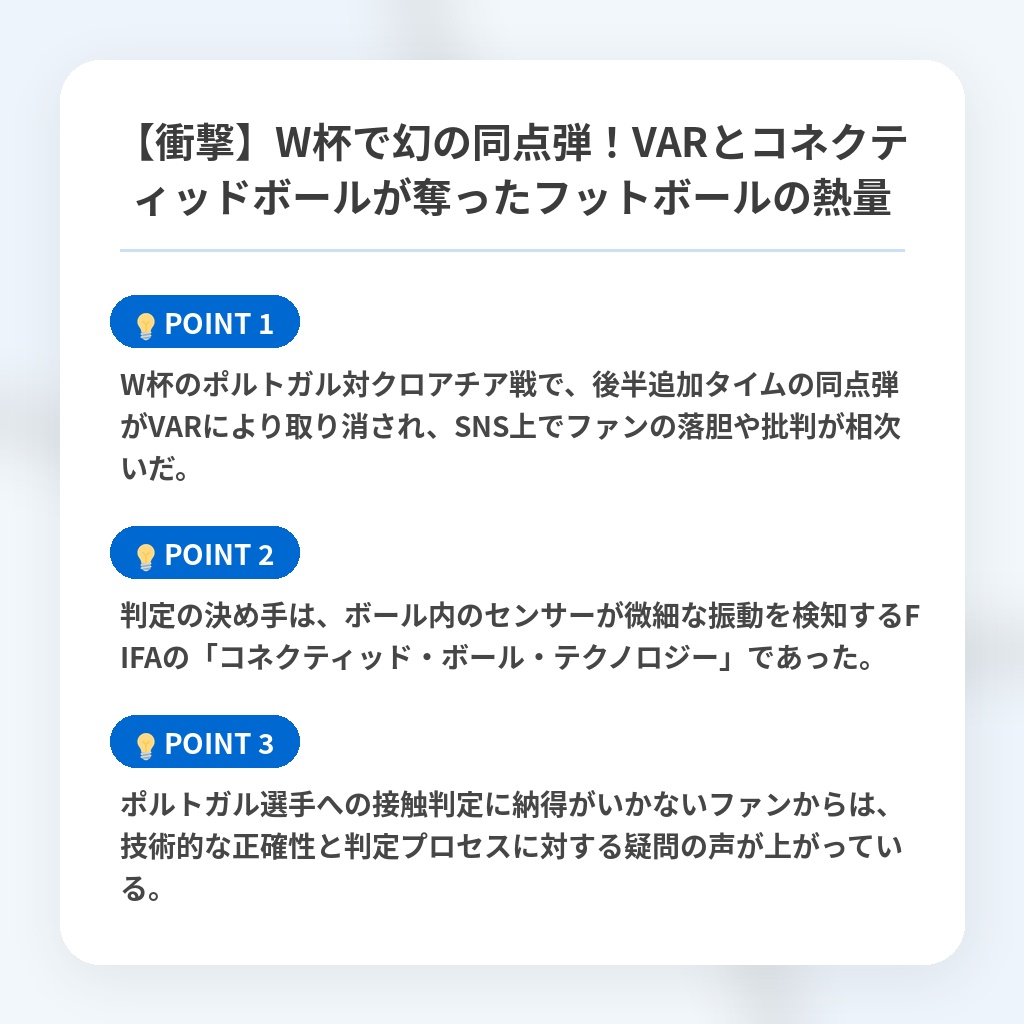 【衝撃】W杯で幻の同点弾！VARとコネクティッドボールが奪ったフットボールの熱量の注目ポイントまとめ