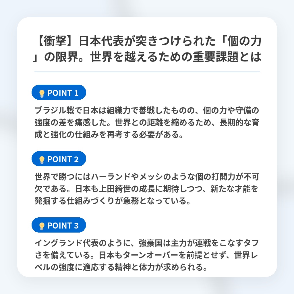 【衝撃】日本代表が突きつけられた「個の力」の限界。世界を越えるための重要課題とはの注目ポイントまとめ