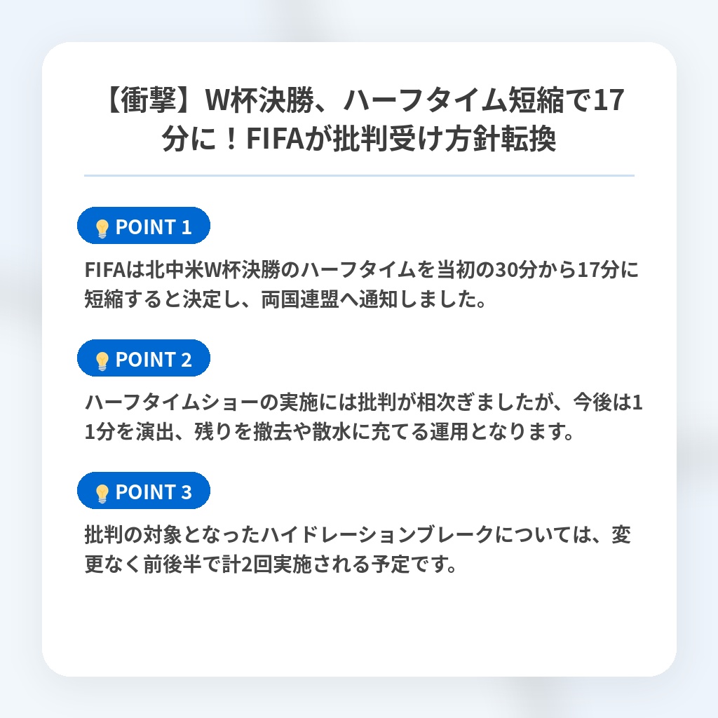【衝撃】W杯決勝、ハーフタイム短縮で17分に!FIFAが批判受け方針転換の注目ポイントまとめ