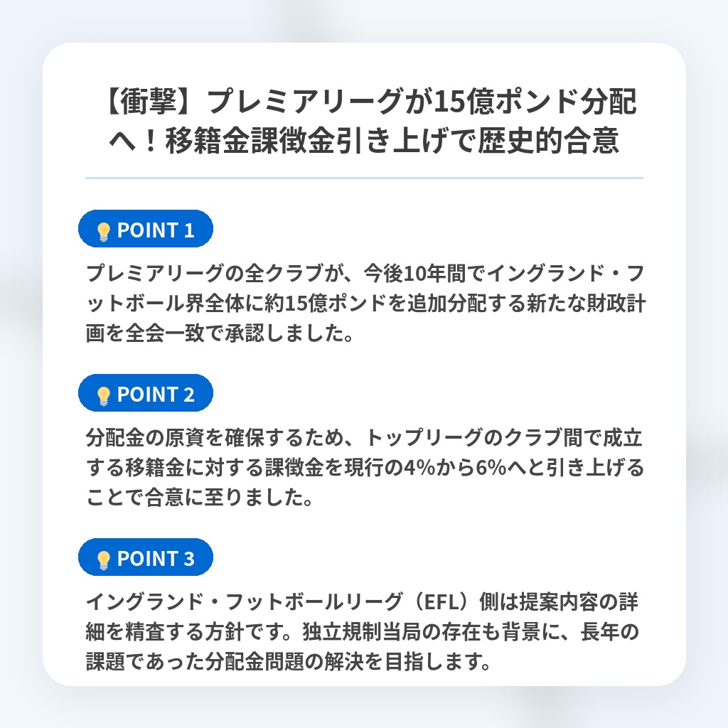 【衝撃】プレミアリーグが15億ポンド分配へ!移籍金課徴金引き上げで歴史的合意の注目ポイントまとめ
